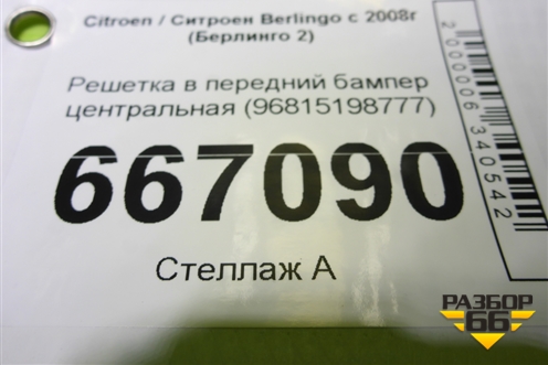 Решетка в передний бампер центральная (96815198777) для Citroen Berlingo с 2008г (Берлинго 2)